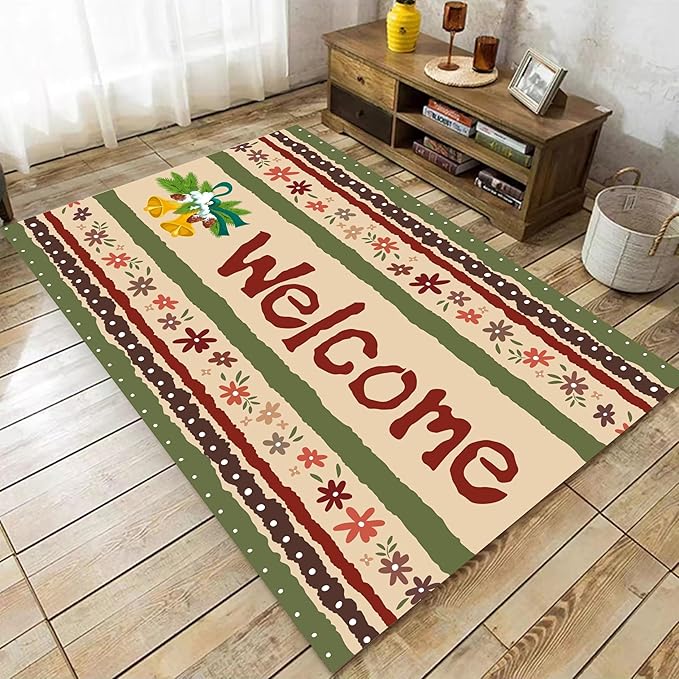 Vintage Christmas Area Rugs 5x7ft Merry Christmas Snowflakes Floral Winter Holiday Decorative Floor Mats Xmas Decorative Rugs for Living Room Bedroom Doormats Welcome Mats Non-Slip and Durable