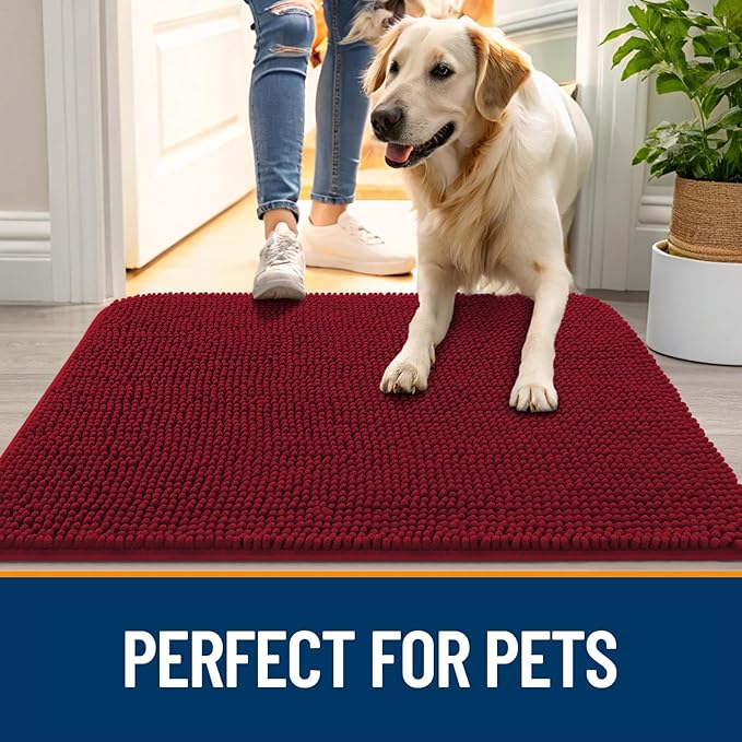 OLANLY Dog Door Mat for Muddy Paws 44x32, Absorbs Moisture and Dirt, Absorbent Non-Slip Washable Doormat, Quick Dry Chenille Mud Mat for Dogs, Entry Indoor Entryway Carpet for Inside Floor, Red