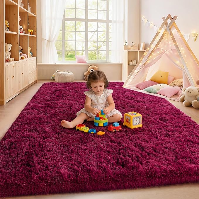 Burgundy Plush Rug for Living Room Fuzzy Carpet for Bedroom Dorm, Non-Slip High Pile Rug, Shag Rug for Playroom Nursery Home Office Decor 5X7 Ft