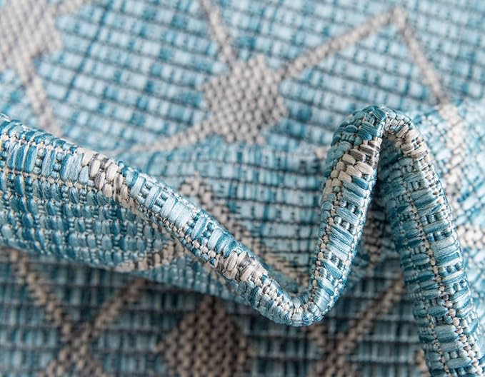 Unique Loom Outdoor Trellis Collection Area Rug - Tribal Trellis (8' x 8' Rectangle, Aqua/ Ivory)