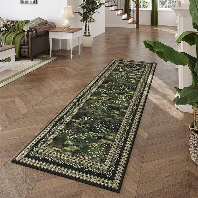 Rugcomf 2x6 Runner Rug Impressionist-Style Vintage Kitchen Rugs Non Slip Washable Soft Carpet Runner for Kitchen Laundry Bedroom Bathroom, Green