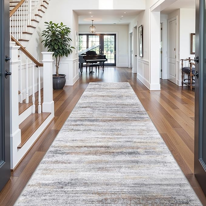 Large Runner Rugs for Hallway 4x18: Non-Slip Washable Wide Carpet - Soft Low-Pile Stain and Spill Resistant Rug for Entryway Living Room Dining Room Balcony Garage Office Beige Grey