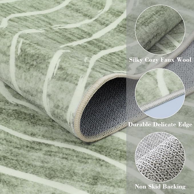 LIVEBOX Machine Washable Modern Abstract 6x9 Area Rug, Non Slip Large Bedroom Living Room Nursery Girl Rug Minimalist Wave Striped Neutral Boys Rug, Carpet for Dining Room Playroom(Sage Green,6'x9')
