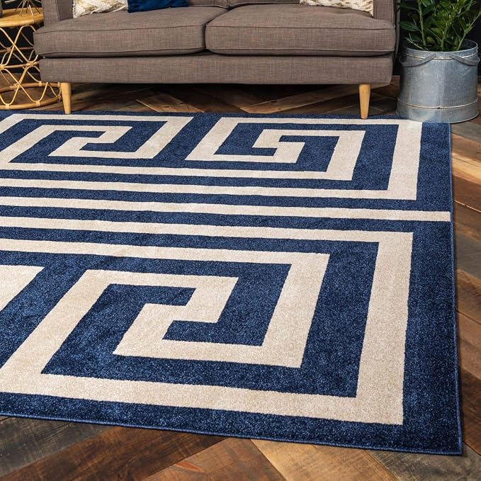 Unique Loom Athens Collection Classic Geometric Modern Border Design Area Rug (8' 0 x 8' 0 Square, Navy Blue/ Beige)