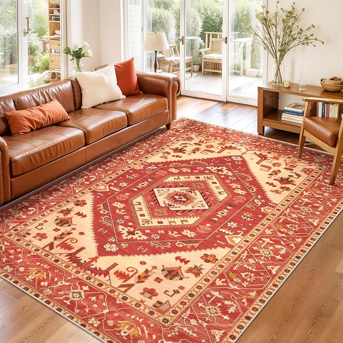 SERISSA Area Rug 3x5 Boho Rugs for Bedroom, Washable Non-Slip Living Room Rug, Ultra Soft Print Distressed Vintage Red Beige Rug Low-Pile Throw Carpet for Entry Kitchen Bedroom Nursery Dorm Decor
