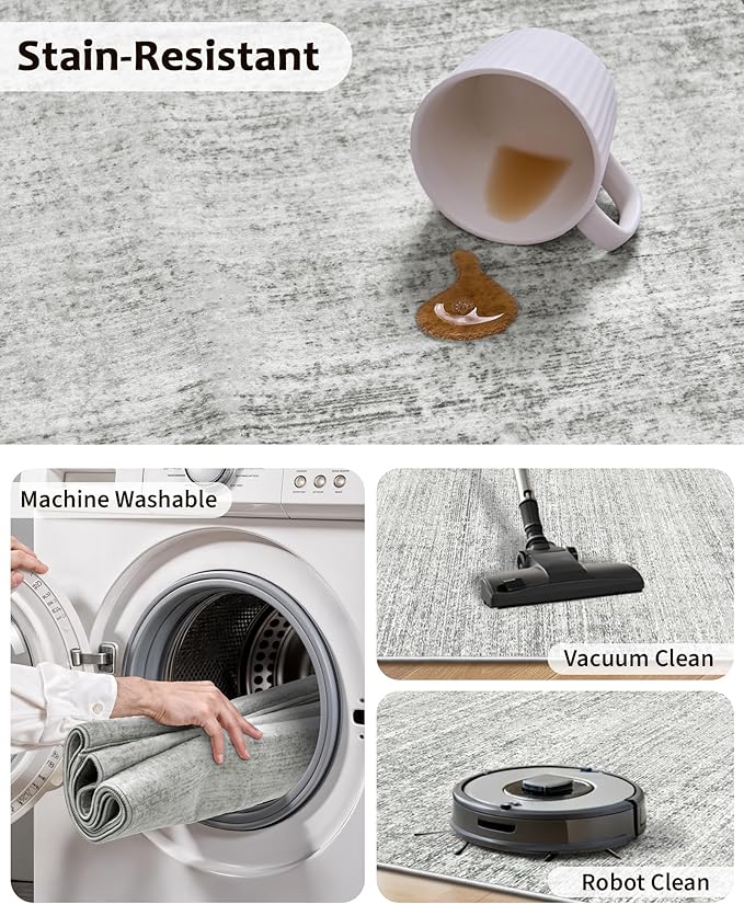 Art&Tuft Washable Rugs 9x12, Low Pile Area Rugs 9x12 Living Room - Non Slip and Stain Resistant Soft Thin Rug for Bedroom, Dining Room, Kitchen, Office, Grey