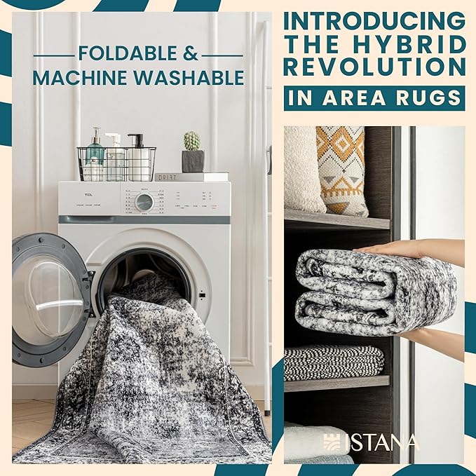 Istana Stylish 10x14 Foldable Machine Washable Dark Grey Area Rugs