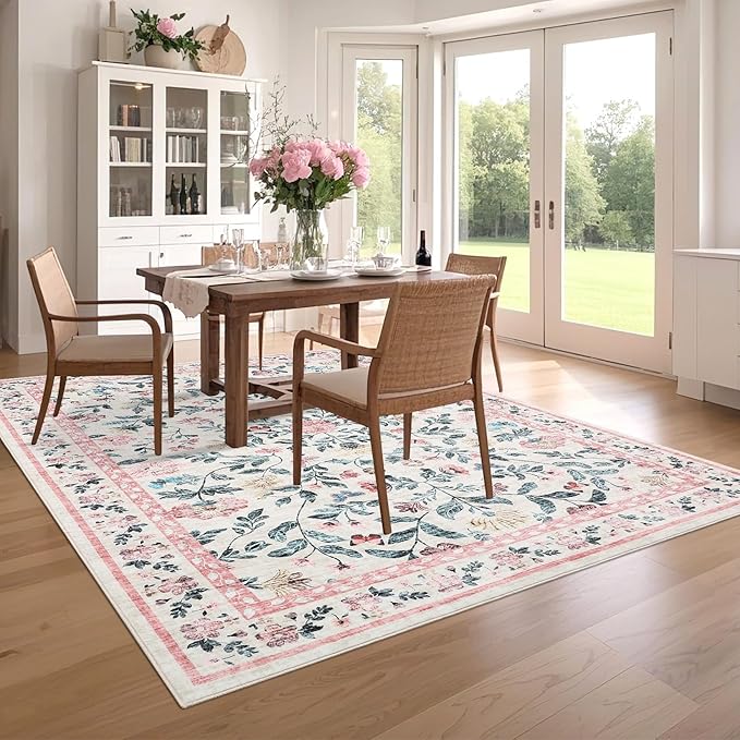 Floral Washable Rug 4x6, Non-Slip Low Pile Botanical Carpet, Vintage Farmhouse Area Rug for Bedroom Nursery Kids Room Home Decor, Pink