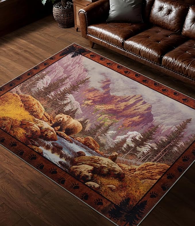 YIHOUSE Rustic Cabin Area Rug for Bedroom 4x6,Machine Washable Forest Bear Rug,Non-Slip Low Pile Print Pattern Mountain Rug for Living Room