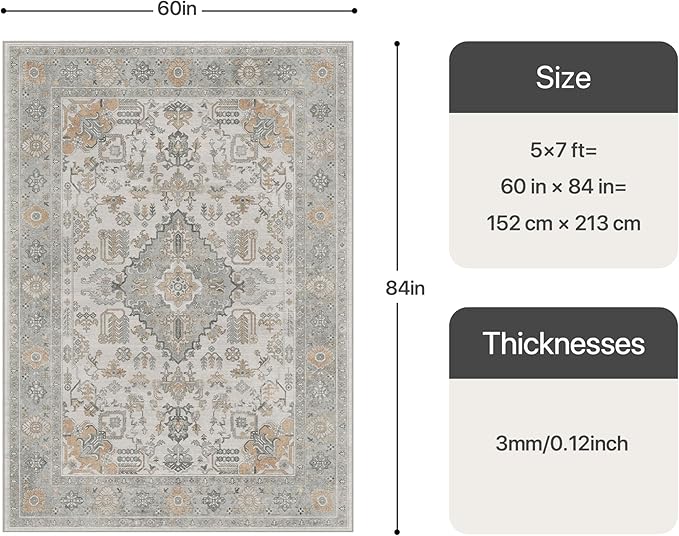 Bavni Vintage 5x7 Area Rugs, Boho Oriental Living Room Rug, Machine Washable Rug Non Slip, Distressed Print Indoor Large Grey Rugs, Low Pile Ultra-Thin Soft Carpet for Bedroom, Dining Room, Farmhouse