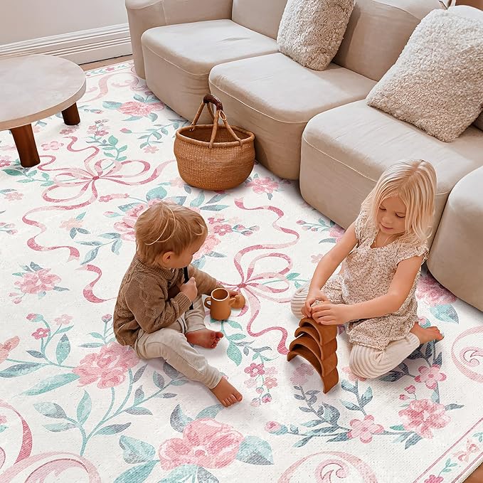 Pink Rug Bow Floral Rug 3x5, Washable Boho Area Rugs Non Slip Low Pile Carpet for Girls Room Bedroom, Bedside, Kitchen, Entryway, Kids Room, Soft Ultra-Thin Indoor Elegant Rugs