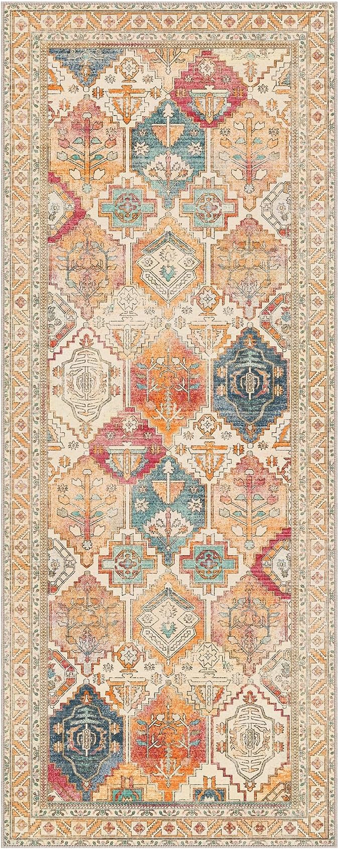 Bavni Kitchen Rug 2x5 Runner Rugs for Hallways Entryway, Washable Vintage Print Carpet, Ultra-Thin Chenille Low Pile Lightweight Rug with Non Slip Backing, Retro Multi