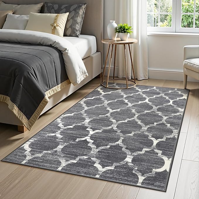 Lahome Moroccan Washable Rugs 3x5 Entryway Rug- Small Rugs for Bedroom Throw Non-Slip Low-Plie Kitchen Rug Soft Grey Distressed Capet for Office Bathroom Living Room Dining Room