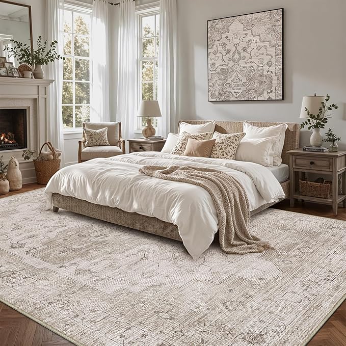 LUMI 8x10 Washable Area Rug for Living Room, Ultra Soft Vintage Rug with TPE Non Slip Backing, Stain Resistant, Low Profile Carpet High Traffic for Bedroom, Dining Room