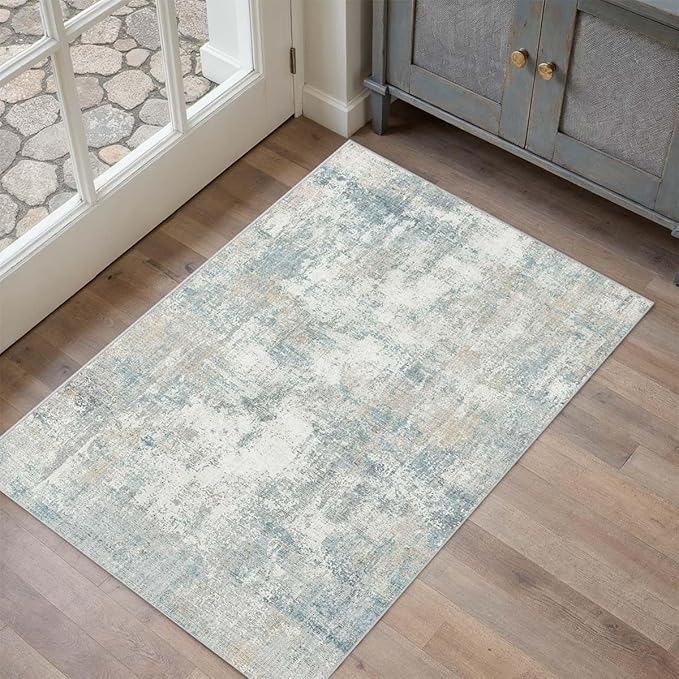 2x3 Washable Area Rug Blue Cream Abstract Entryway Kitchen Throw Rug Neutral Modern Non Slip Soft Low Pile Lightweight Small Carpet for Bathroom Living Room Bedroom