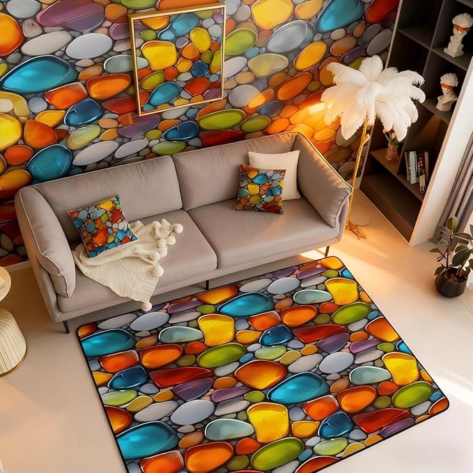 Cobblestone 5x7 Area Rug Rainbow Pebble Living Room Rug | Garden Gravel Stone Rugs for Bedroom, Watercolor Cobble Carpet Indoor Floor Mat