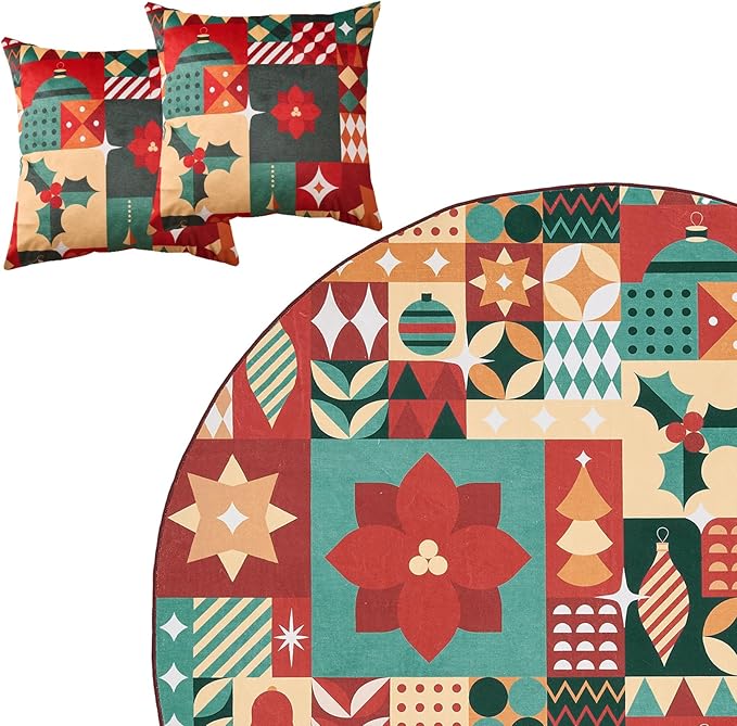 jinchan Round Christmas Rug 6ft for Living Room Washable Circle Christmas Dining Room Rug 6' Round Xmas Geometric Non-Slip Soft Carpet Festive Red-Green Holiday Patch Decor for Bedroom Porch Foyer