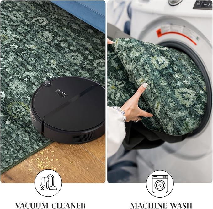 Runner Rug 2.6x18, Dark Green Washable Long Hallway Rug Runner Non-Slip Soft Kitchen Runner Thin Printed Faux Wool Super Soft Carpet for Entryway Bedroom Laundry Room Indoor Home Decor