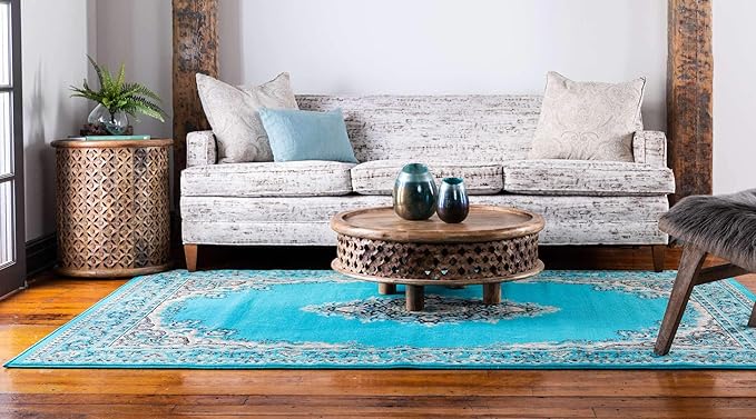 Unique Loom Reza Collection Traditional Persian Style Area Rug, 2 ft 2 in x 3 ft, Turquoise/Ivory