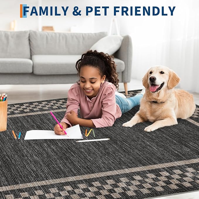 Washable Runner Rug 2x10 Modern Bordered Hallway Runner Rug Non Slip Kitchen Throw Carpet Checkered Bathroom Entryway Runner Rugs Low Pile Solid Area Rugs for Living Room Bedroom Nursery Sink, Black