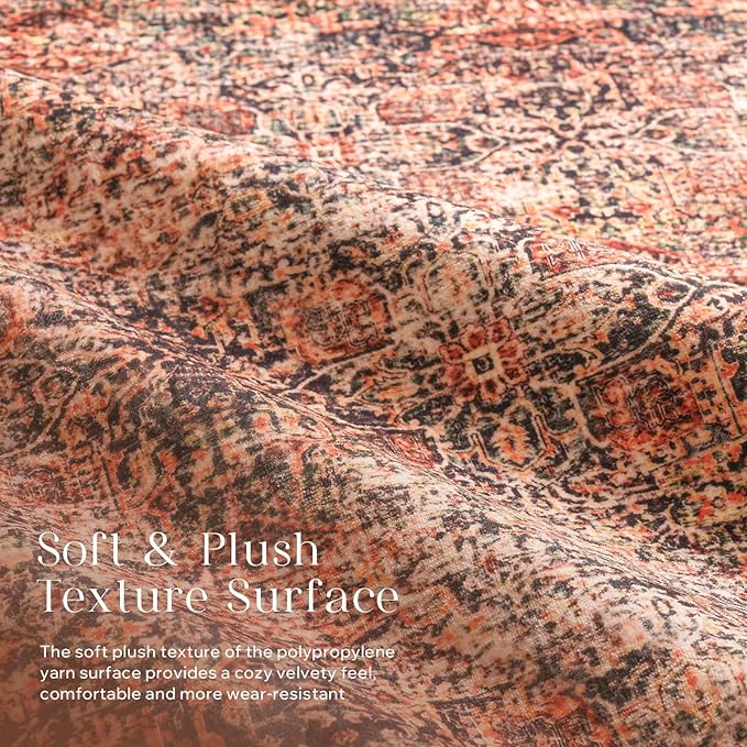 Phantoscope Washable Area Rug 5'x7' Non-Slip, Vintage Neutral Xmas Rugs for Living Room, Bedroom, Dining Room, Distressed Boho Floral Medallion Pattern, Low-Pile Foldable Floor Carpet, Brick Red/Black