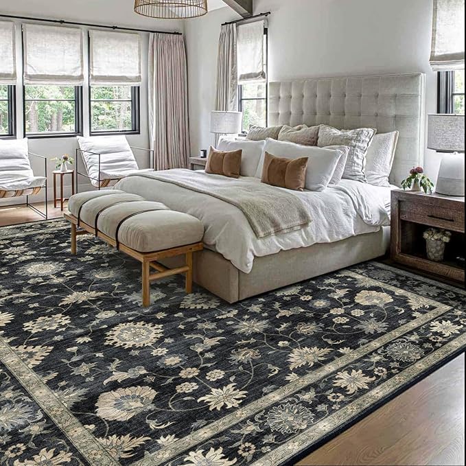 Area Rugs 9x12 Living Room - Large Washable Charcoal Black Boho Rugs for Bedroom Soft Vintage Rug Ultra-Thin Traditional Floral Carpet Moody Farmhouse Rug for Dining Room Guest Room Home Decor