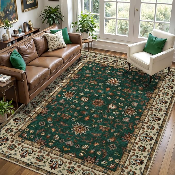 Tangsoo 5x7 Washable Rug, Floral Vintage Large Area Rugs for Living Room, Indoor Non Slip Print Floor Carpet, Soft Low Pile Machine Washable Rug for Bedroom Dining Room Dorm Home Decor Green