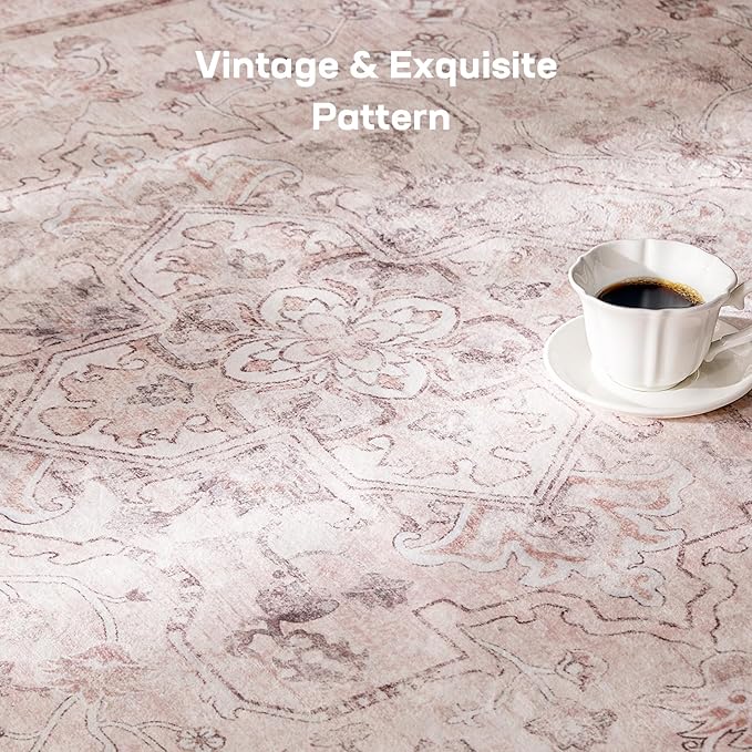 Marsail 8x10 Machine Washable Area Rug, Soft & Slip-Resistant Large Area Rug with Reinforced Bound Edges, Vintage Short-Pile Washable Rug with Floral Pattern for Living Room, Dinning Room and Bedroom