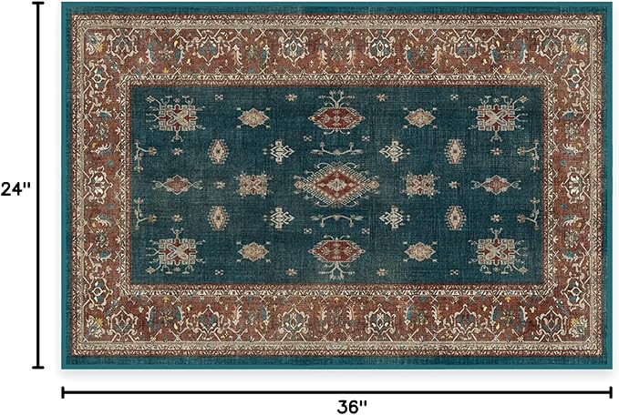 RUGGABLE Washable Vintage Area Rug – Verena Teal Blue 2x3, Stain-Resistant, Non-Slip – Small Machine Washable Rugs for Living Room, Bedroom, Hallway, Entryway & Bathroom–with Cushioned Pad
