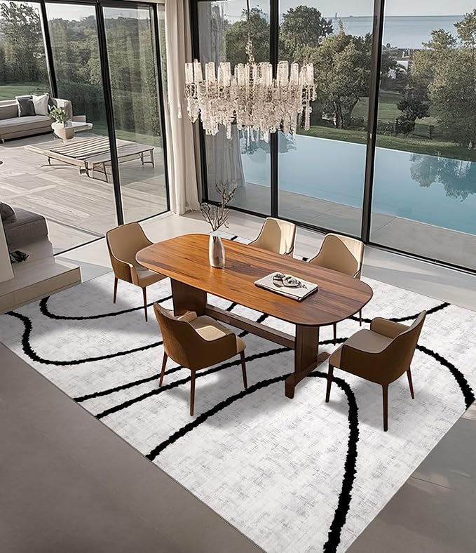 YIHOUSE Modern Area Rugs for Living Room, 9x12 Washable Black and White Rug, Thin Abstract Geometric Striped Rug, Area Rug for Bedroom,Kitchen,Dining Room,Office