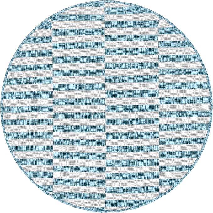 Unique Loom Outdoor Striped Collection Area Rug - Striped (4' 1" Round, Light Aqua/Ivory)