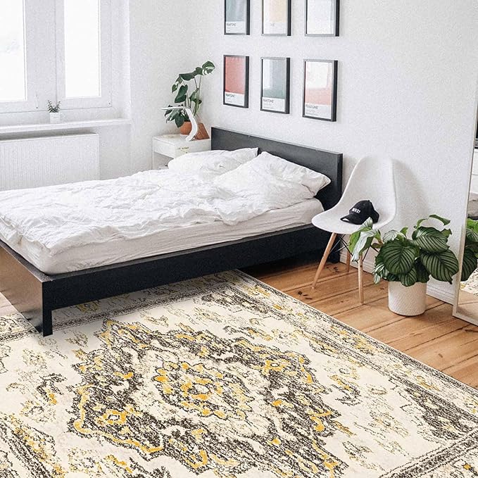 Bohemian Pattern Rectangular Area Rugs for Living Room Bedroom 3 x 5 ft Brown & Yellow Abstract Non-Shedding Soft Low Pile Rug Non Slip Washable Rug for Nursery Entryway Playroom