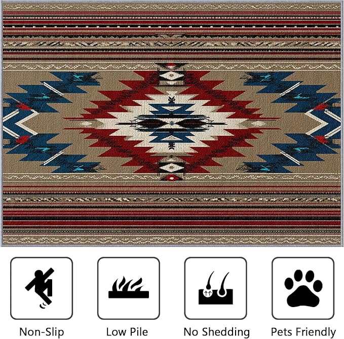Navajo Rugs for Bedroom - 4x5ft - Southwestern Tribal Ethnic Rustic Cabin Rugs for Living Room Non Slip Low Pile Machine Washable Area Rug, Navajo Carpets Home Decor & Gifts