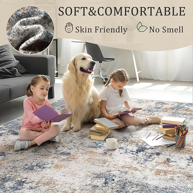 6x9 Washable Area Rug for Living Room, Multicolor Modern Vintage Abstract Rug Large Non-Slip Low Pile Soft Faux Wool Carpet, Kids and Pets Friendly for Bedroom Dining Room Farmhouse Home Decor Rug