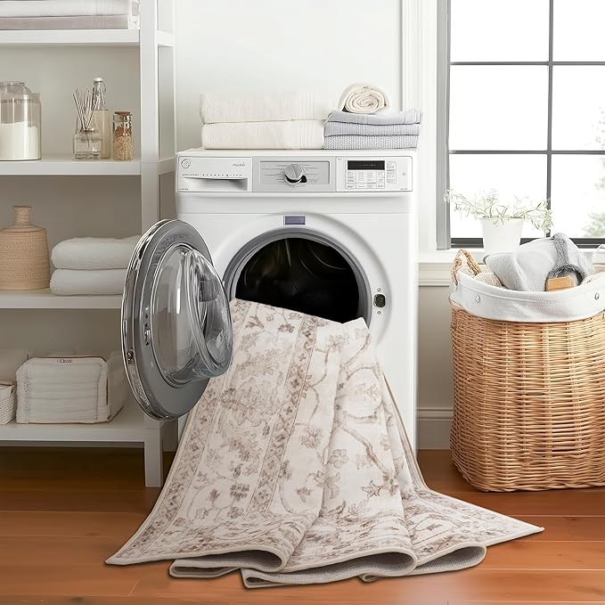 ReaLife Rugs Machine Washable Area Rug - Living Room Bedroom Bathroom Kitchen Entryway Office - Padded Low Pile Stain Resistant Premium - Boho Farmhouse Vintage - BEV - Beige 7'6" x 9'6"