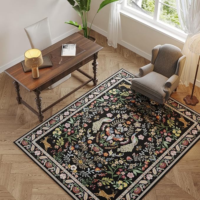 Area Rug 4x6 Rug Washable Rugs Floral Non Slip Low Pile Small Carpet for Bedroom, Bedside, Kids Room, Office, Dining Room (Vibrant Black)