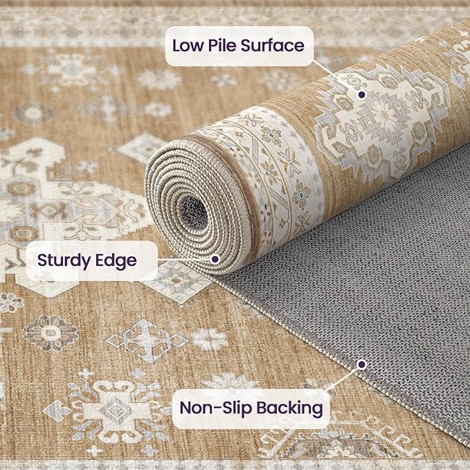 DEXI 10x14 Area Rug for Living Room, Washable Vintage Farmhouse Thin Rug Indoor Floor, Non Slip Stain Resistant Low Pile Carpet for Dining Room Bedroom Office, Light Brown