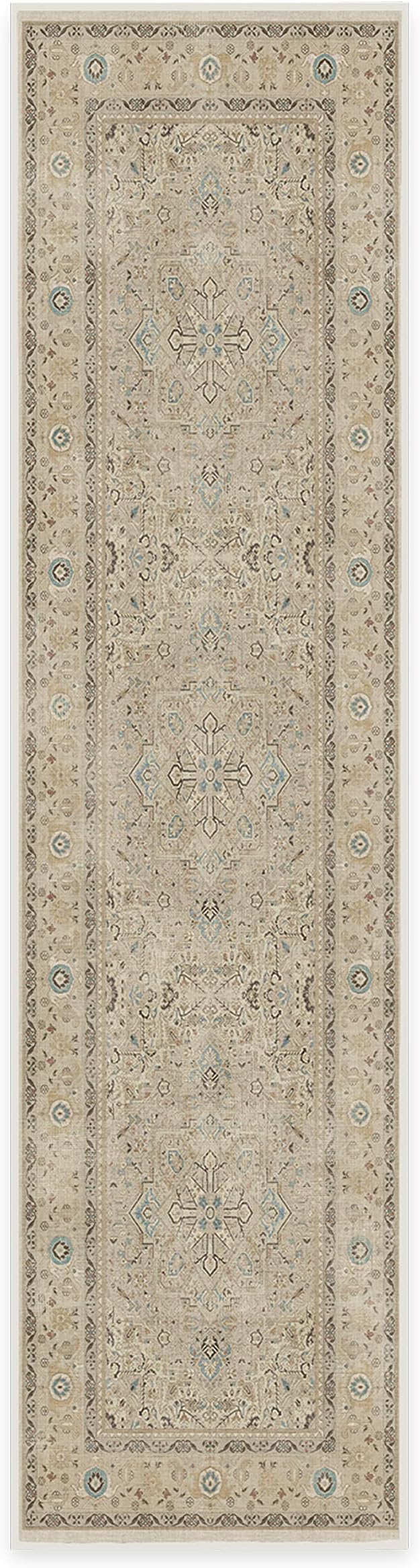 RUGGABLE Washable Vintage Runner Rug – Kamran Ivory Opal 2.5x10, Stain-Resistant, Non-Slip Hallway Runner – Machine Washable Rug for Hallway, Entryway, Living Room & Kitchen – with Standard Pad