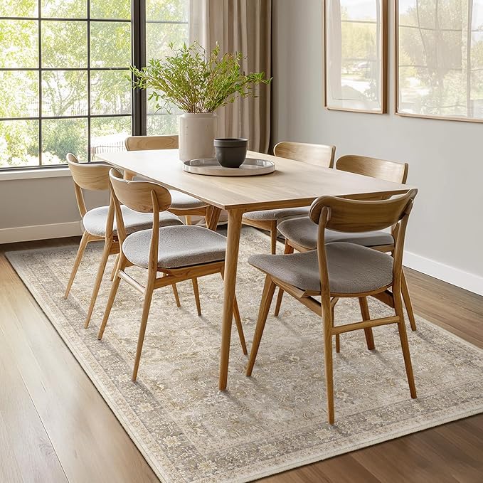 Washable Neutral 5x8 Area Rugs, Vintage Farmhouse Earth Tone Beige Taupe Carpet for Living Room Bedroom, Low Pile Thin Rug with Non Slip Rubber Backing for Dining Room Nursery Home Office