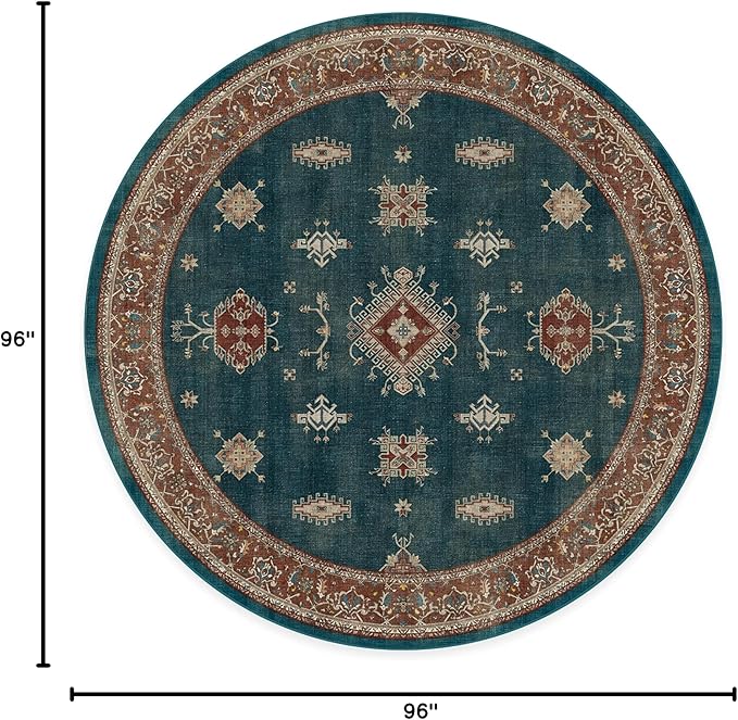 RUGGABLE Washable Vintage Area Rug – Verena Teal Blue 8 ft Round, Stain-Resistant, Non-Slip – Large Machine Washable Rugs for Living Room, Bedroom, Hallway, Entryway & Office–with Standard Pad