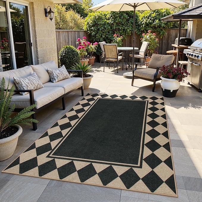 Moynesa Easy Jute Outdoor Rug 8x10 Area Rugs for Living Room, Washable Checkered Indoor Outdoor Patio Rug Non Slip, Farmhouse Carpet for Bedroom Dining Room Table, Black Grid Pattern