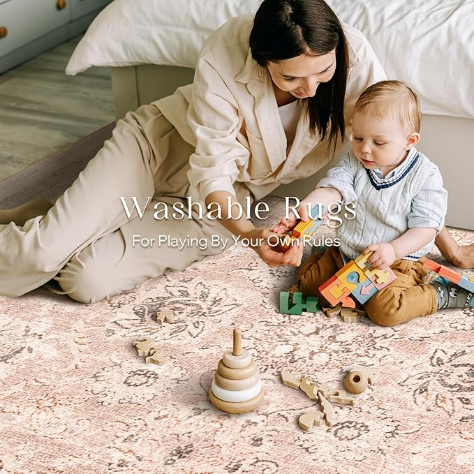 Phantoscope Washable Area Rug 9'x12' Non-Slip, Vintage Neutral Rugs for Living Room, Bedroom, Dining Room, Distressed Boho Floral Medallion Pattern, Low-Pile Foldable Floor Carpet, Soft Pink/Beige