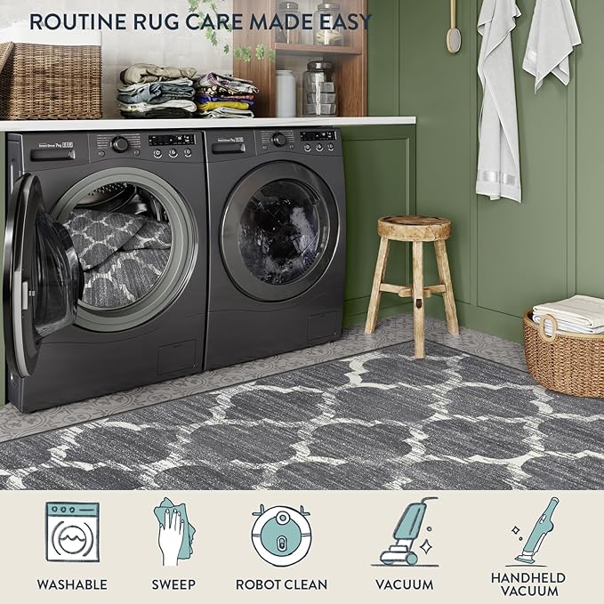Lahome Moroccan Grey Runner Rug for Hallway - 2x4 Rug Washable Non-Slip Small Rug Lightweight Throw Soft Bath Modern Floor Carpet Runner for Kitchen Entryway Bedroom Laundry Room
