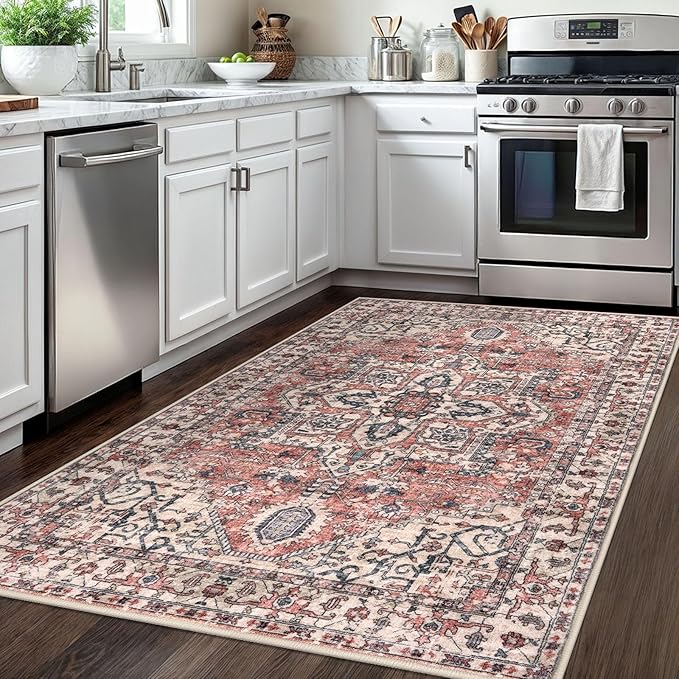 KOZYFLY Area Rug 4x6 Ft Washable Rugs for Entryway Non Slip Faux Wool Printed Throw Rug for Kitchen Bedroom Hallway Living Room Indoor Floor Decoration, Terracotta/Beige
