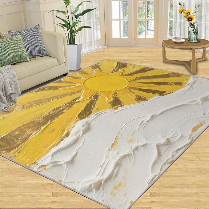 Boho Sun Area Rugs 8x10ft, Abstraction Deco Area Rug for Living Room, Minimalist Sunburst Modern Rug with Double Sided Carpet Tape for Bedroom Men Room Decor