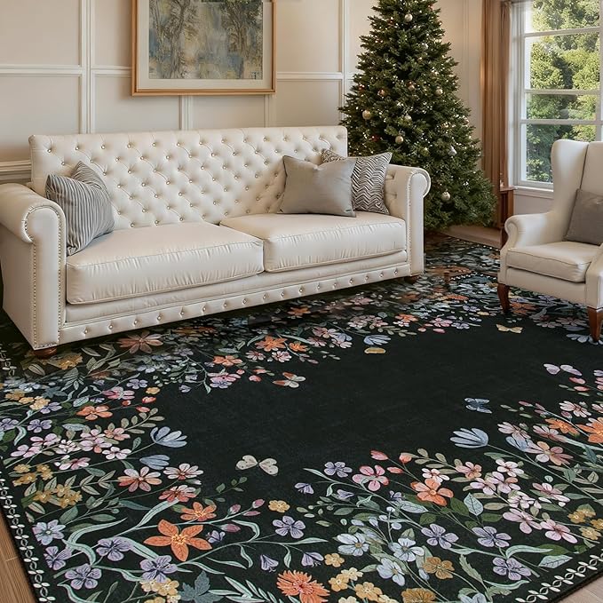 Wonnitar Washable 6x9 Area Rugs, Floral Print Large Living Room Rug, Non-Slip Soft Black Rugs for Bedroom, Ultra-Thin Vintage Botanical Rugs Carpet for Dining Room Guest Room (Black,6'x9')