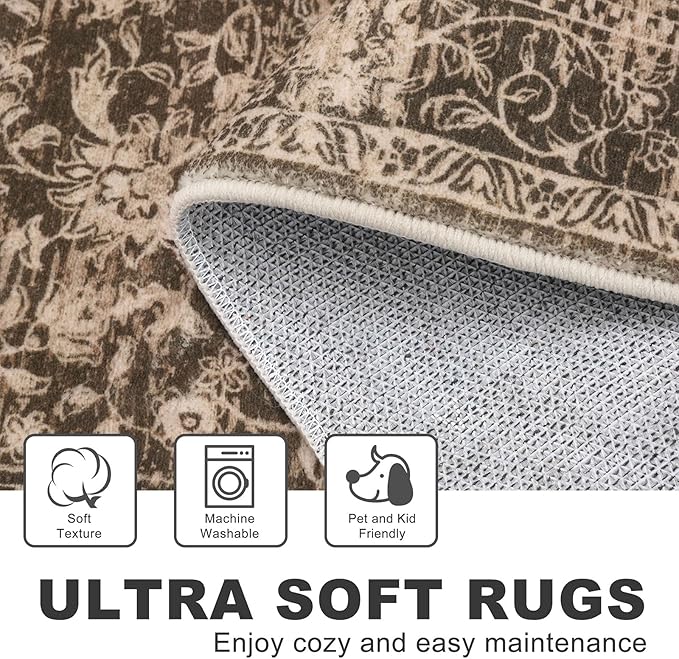 KILOCOCO Small Area Rug 2x3 Entryway Rugs Washable Rug Printed Vintage Floral Non-Slip Kitchen Rug Indoor Door Mat, Accent Throw Small Rugs for Laundry Room Bedroom Entrance, Rust Brown Red