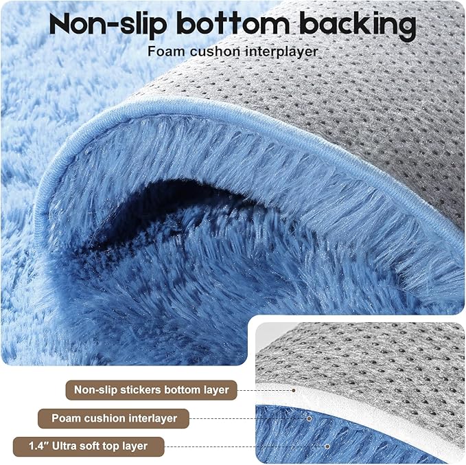 4x6 Blue Rugs for Bedroom Living Room, Fluffy Small Area Rug Soft Shag Carpet for Kids Boys and Girls Room with 4 Rugs Non-Slip Stickers Dorm Home Decor (4ft x 6ft)