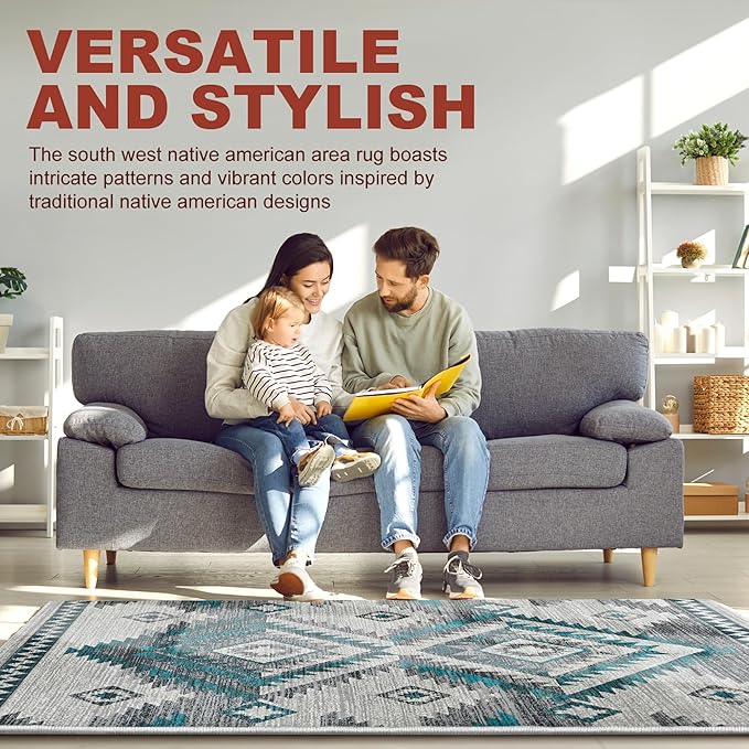 YHSF South West Native American Rug Ritz – Native Tribal American Indian Inspired Rug - Living Room, Bedroom, Hallway, Entryway & High-Traffic Area Rugs - Washable - Soft - Steel, 2 Feet x 3 Feet