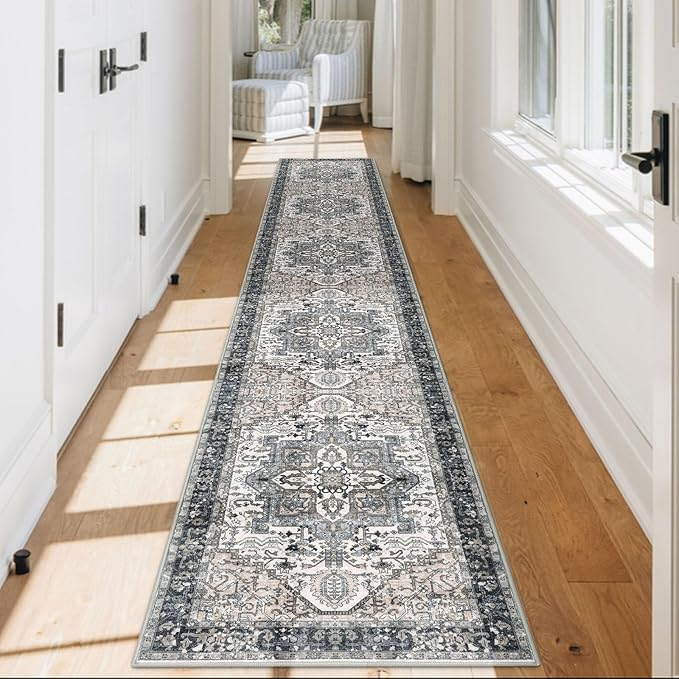 KOZYFLY Runners for Hallways 2x12 Ft Extra Long Washable Kitchen Runner Rug Boho Entryway Rug for Hallways Indoor Printed Faux Wool Stair Runner Carpet for Stairs Kitchen Hall, Black/Taupe/Beige